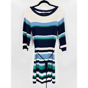 MARGARET O'LEARY Blue White Striped 3/4 Sleeve Stretch Sweater Mini Dress Size S